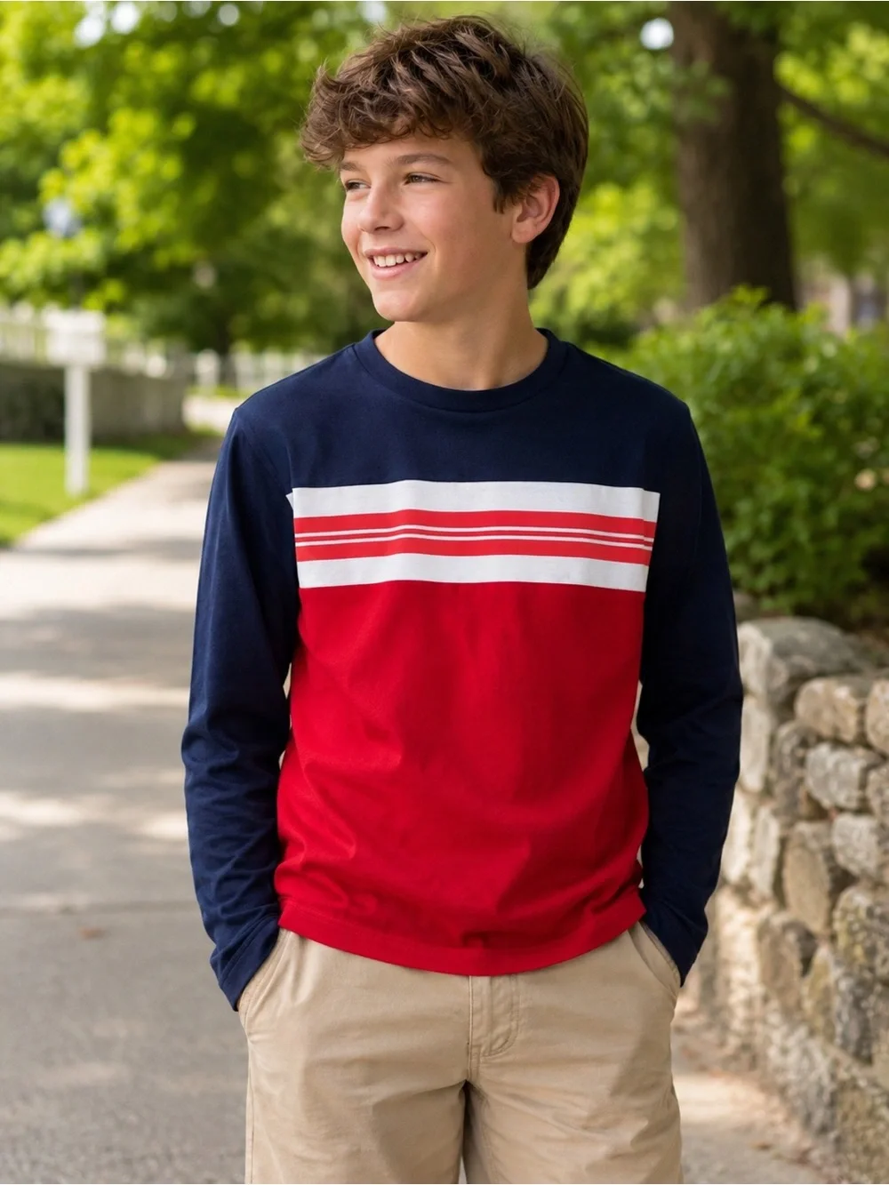 Old Navy Boys Colorblock Long Sleeve Tee Red Navy White XL 14-16 NWT